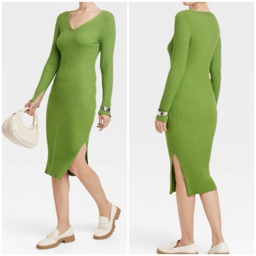 Ribbed Knit Midi Dress Green V Neck Long Sleeve Bodycon Slit A New Day XXL - Picture 1 of 8
